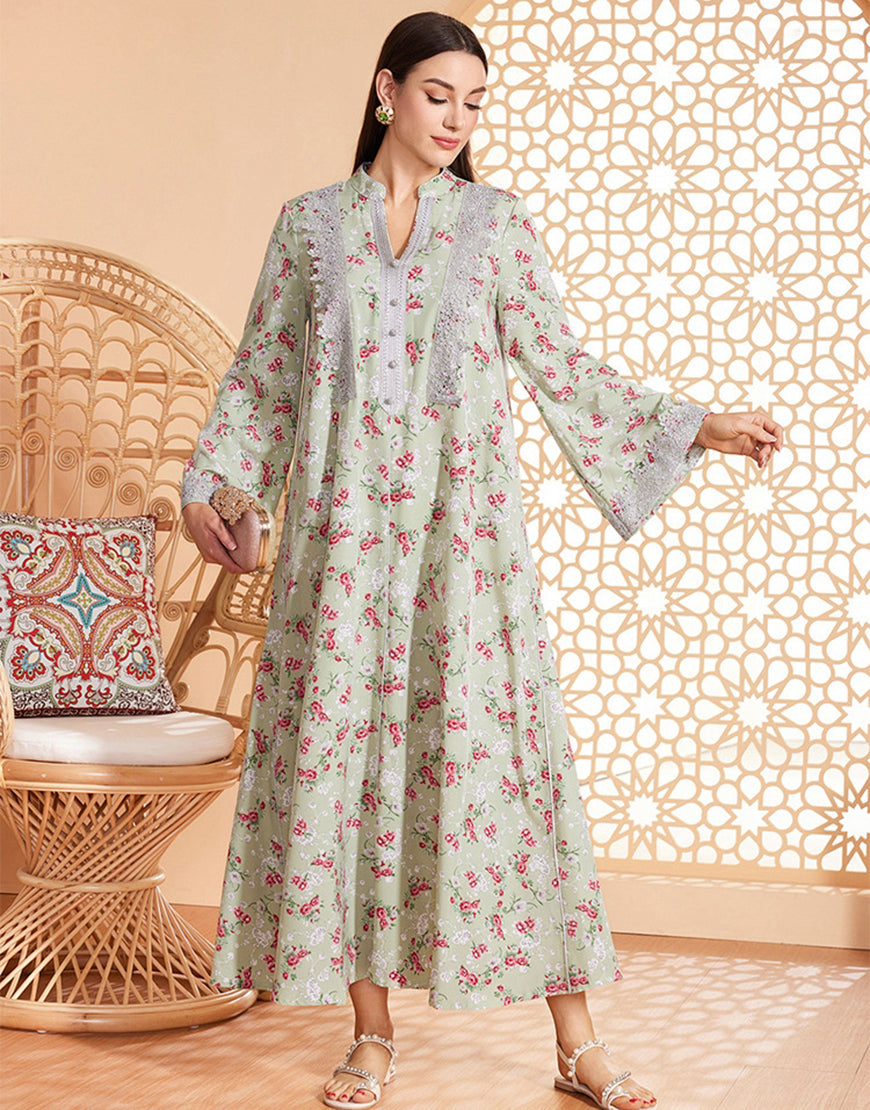 Robe Longue en Tissu Tissé à Col en V avec Manches Longues et Imprimé Fleuri