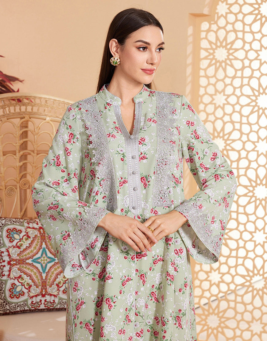 Robe Longue en Tissu Tissé à Col en V avec Manches Longues et Imprimé Fleuri