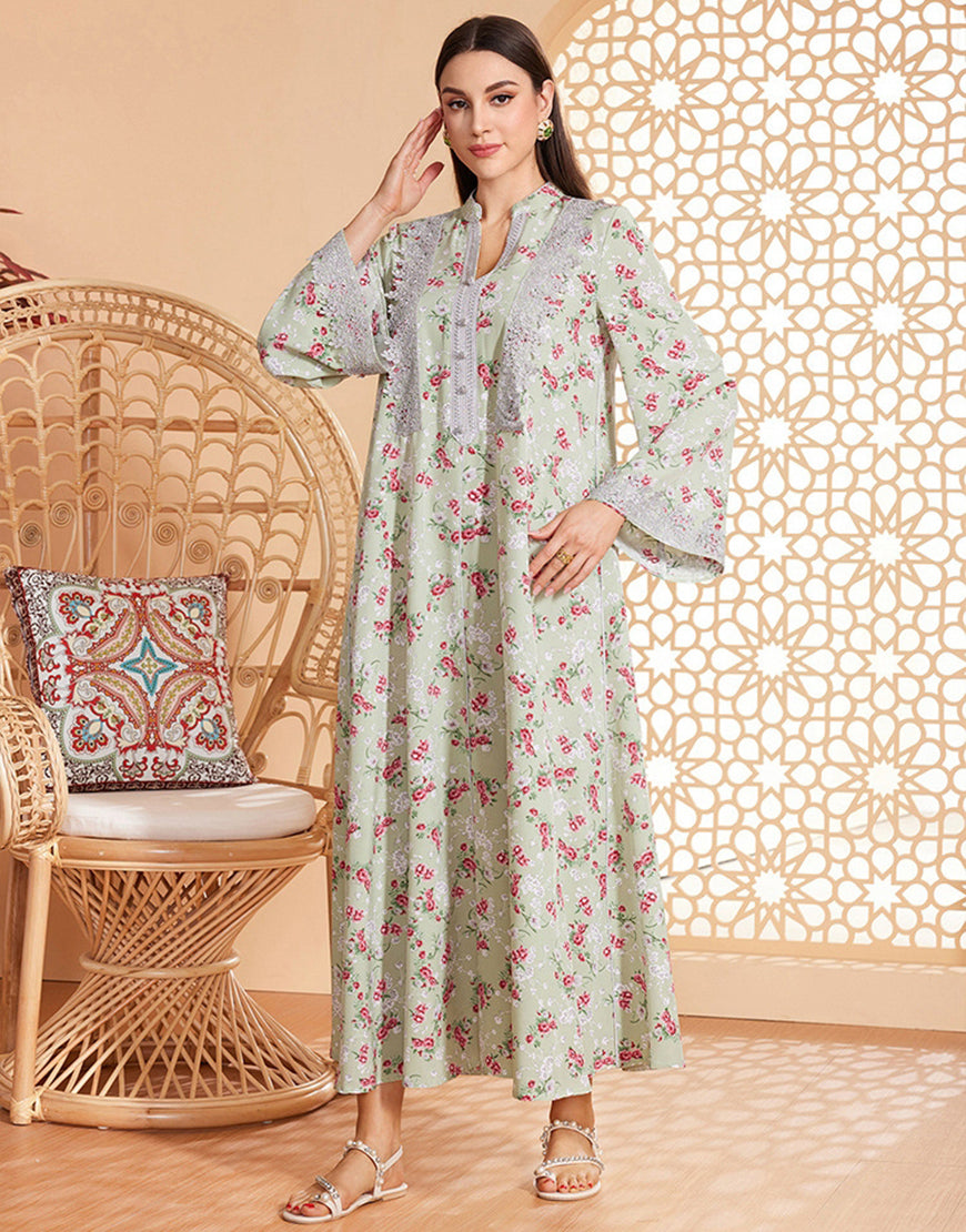 Caftan marocain Abaya en mousseline de soie florale gris vert