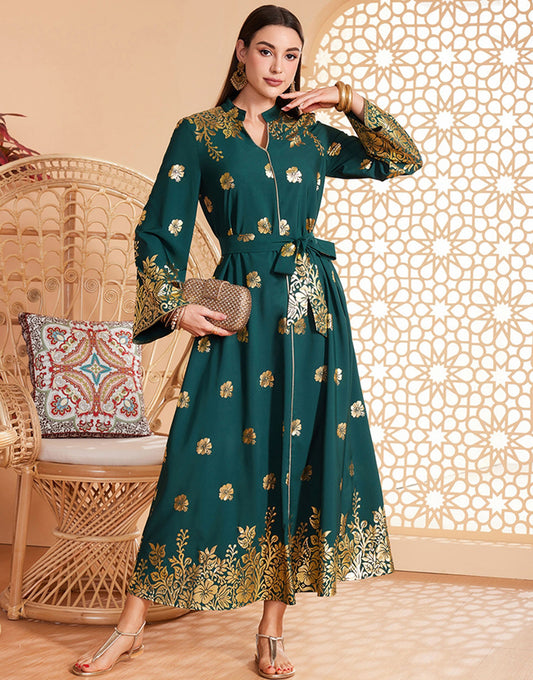 Robe Longue en A à Col en V avec Manches Longues