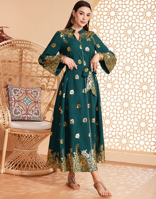 Robe Longue en A à Col en V avec Manches Longues