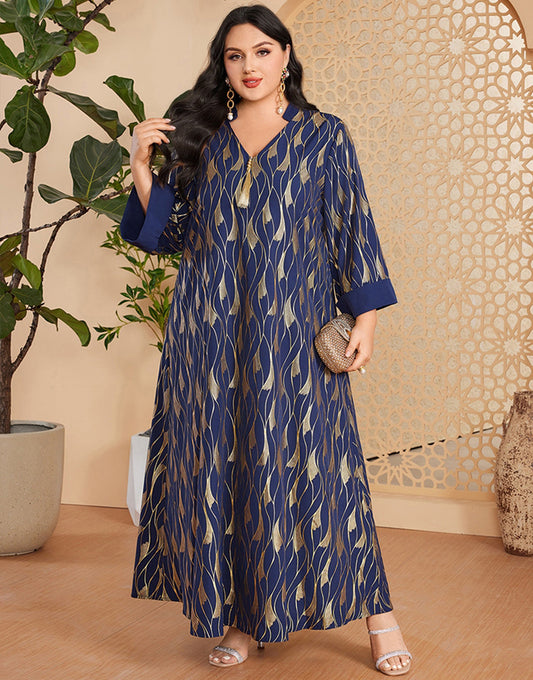 Caftan marocain Abaya à manches longues et col en V bleu royal