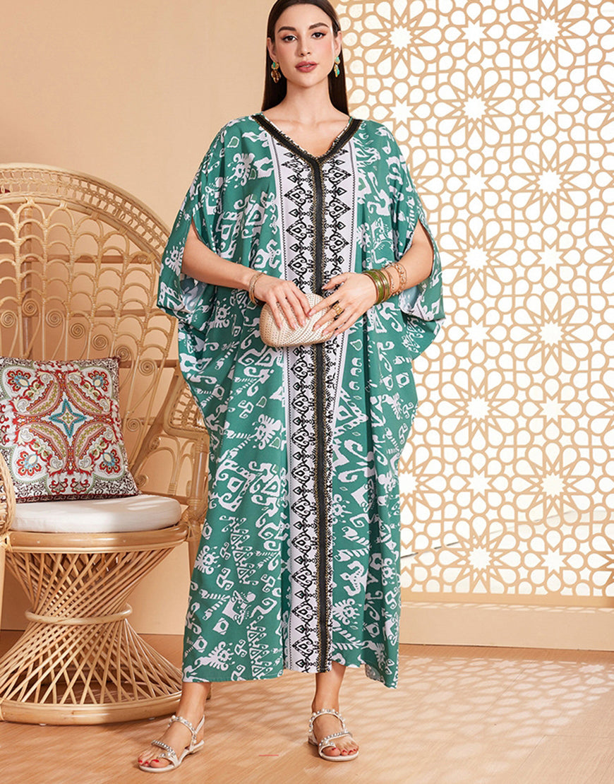Robe caftan marocaine Abaya d'été florale verte