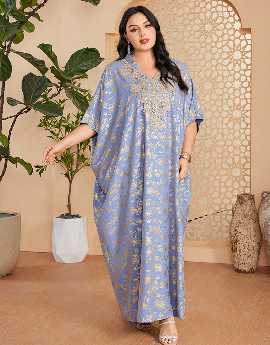 Robe Longue Évasée à Col en V avec Manches Chauve-Souris 5/4