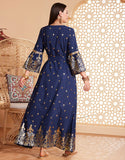 Robe Longue Évasée à Col en V avec Manches Longues et Imprimé Abstrait en Feuille d'Or