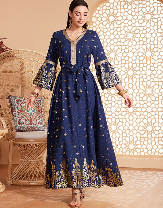 Robe Longue Évasée à Col en V avec Manches Longues et Imprimé Abstrait en Feuille d'Or