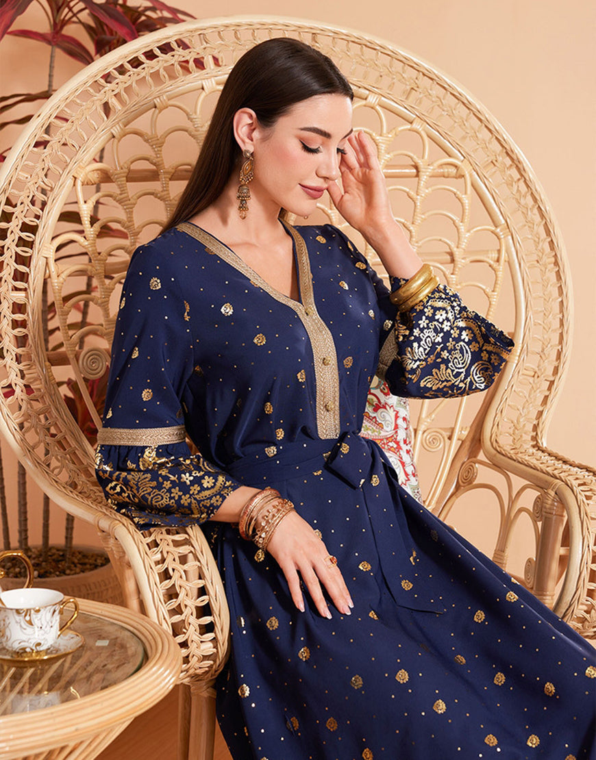 Robe Longue Évasée à Col en V avec Manches Longues et Imprimé Abstrait en Feuille d'Or