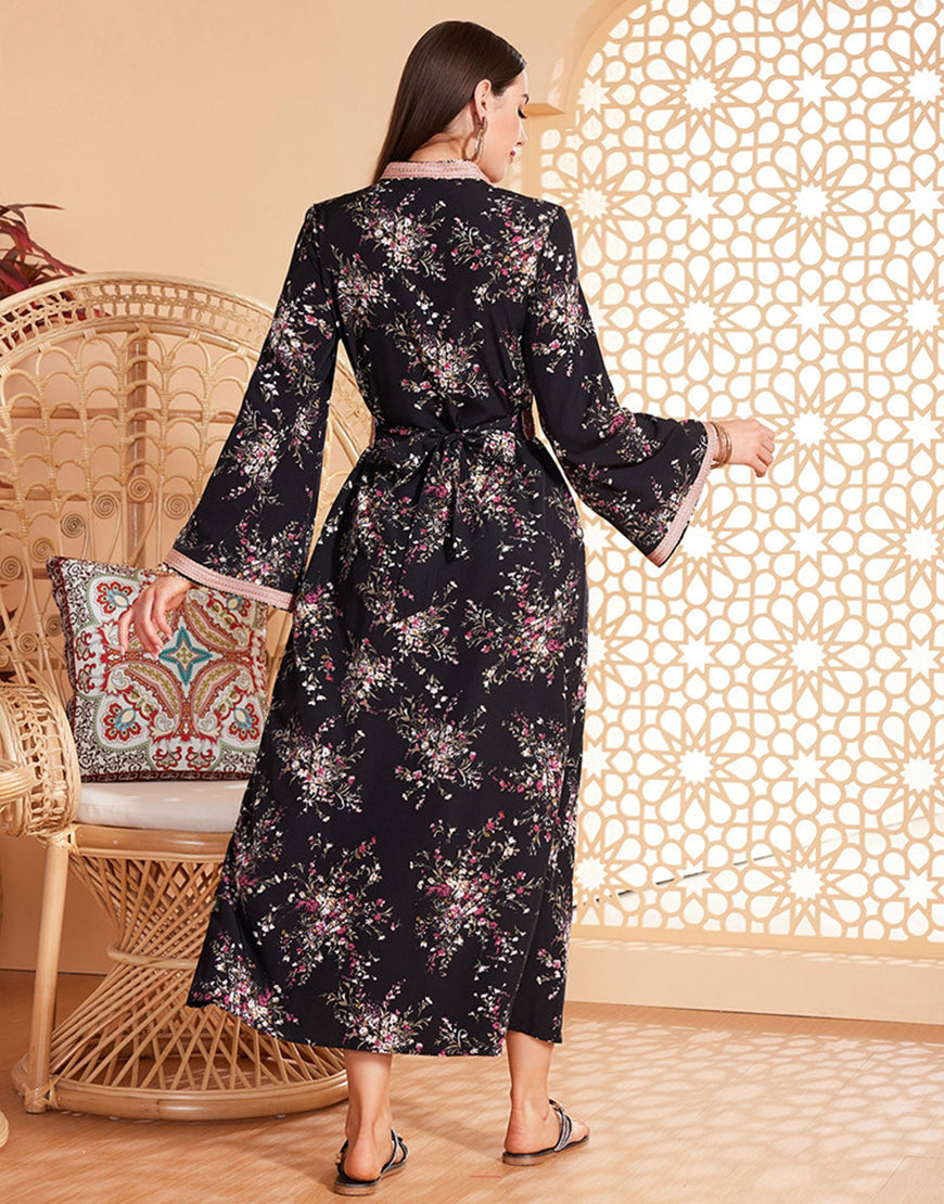 Robe Longue Évasée à Col Rond avec Imprimé Floral en Tissu Tissé