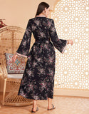 Robe Longue Évasée à Col Rond avec Imprimé Floral en Tissu Tissé
