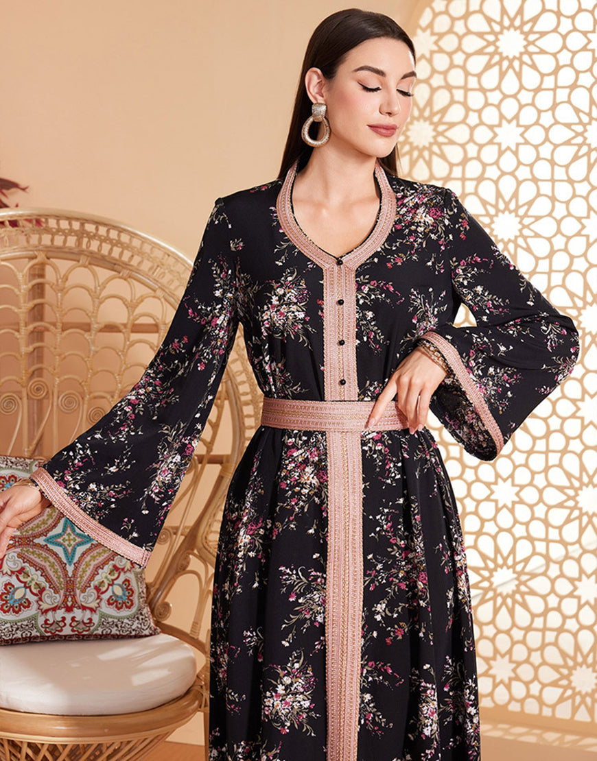 Robe Longue Évasée à Col Rond avec Imprimé Floral en Tissu Tissé
