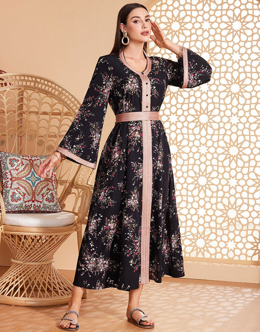 Robe Longue Évasée à Col Rond avec Imprimé Floral en Tissu Tissé