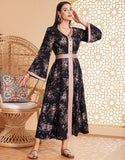 Robe Longue Évasée à Col Rond avec Imprimé Floral en Tissu Tissé