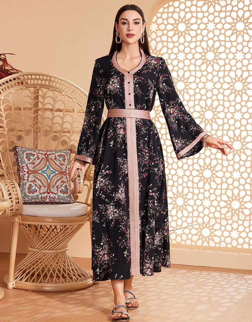 Robe Longue Évasée à Col Rond avec Imprimé Floral en Tissu Tissé