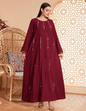 Robe Longue Évasée en Soie Glacée avec Manches Longues
