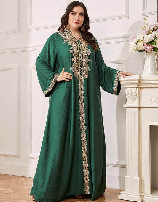 Robe Longue à Manches Longues avec Décorations en Fleurs et Bordures Dorées