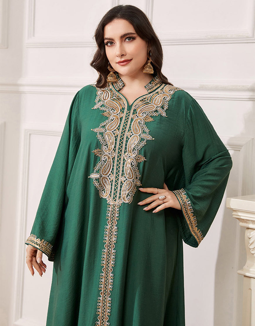 Robe Longue à Manches Longues avec Décorations en Fleurs et Bordures Dorées
