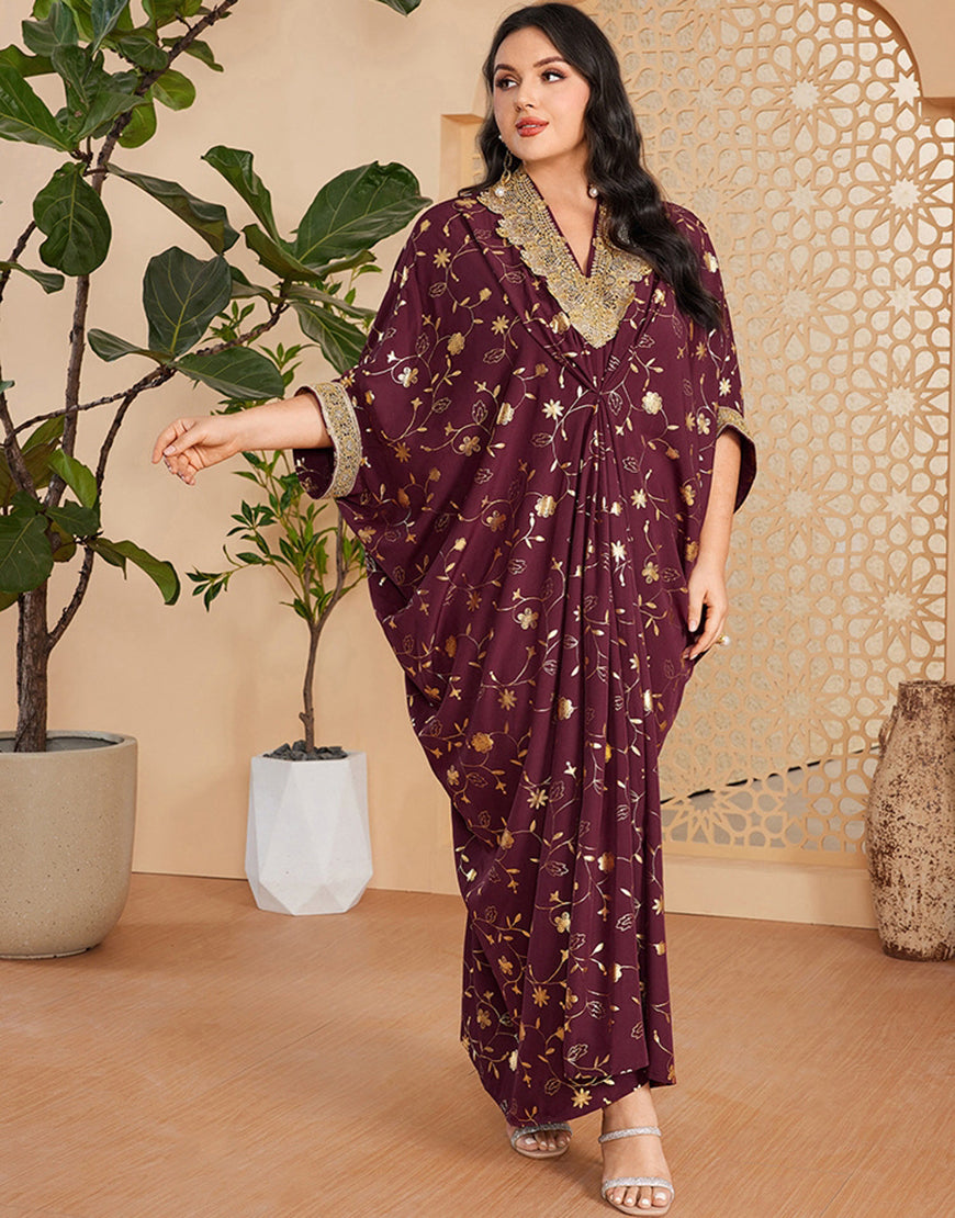 Robe d'été caftan longue imprimée bordeaux