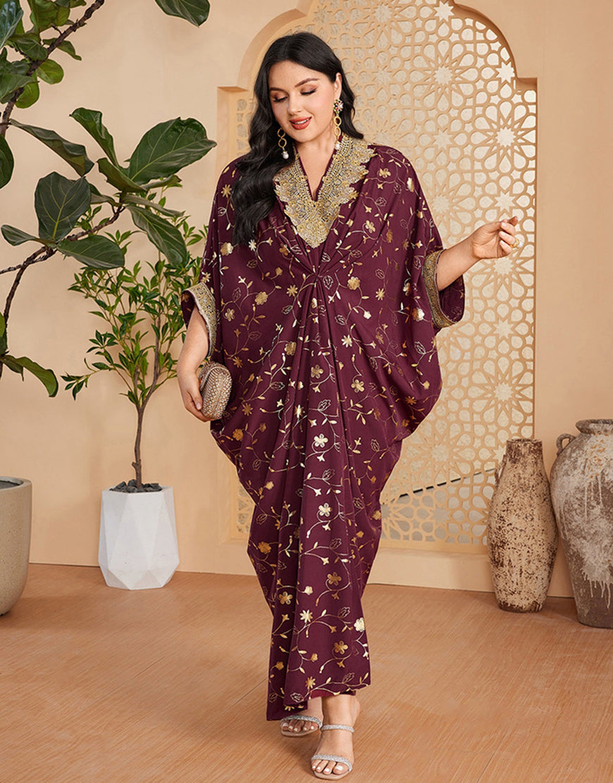 Robe d'été caftan longue imprimée bordeaux