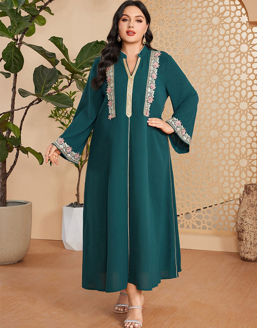Robe Longue Vintage Élégante à Manches Longues avec Appliqué et Col V