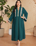 Robe Longue Vintage Élégante à Manches Longues avec Appliqué et Col V