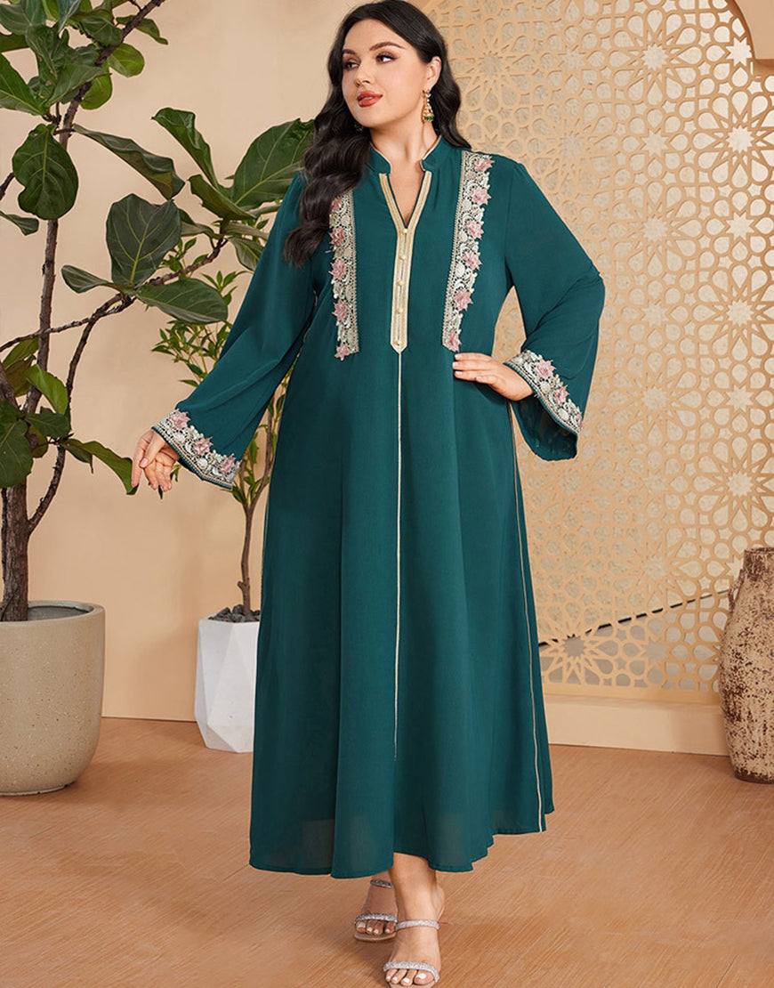 Robe Longue Vintage Élégante à Manches Longues avec Appliqué et Col V