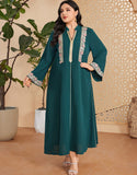 Robe Longue Vintage Élégante à Manches Longues avec Appliqué et Col V