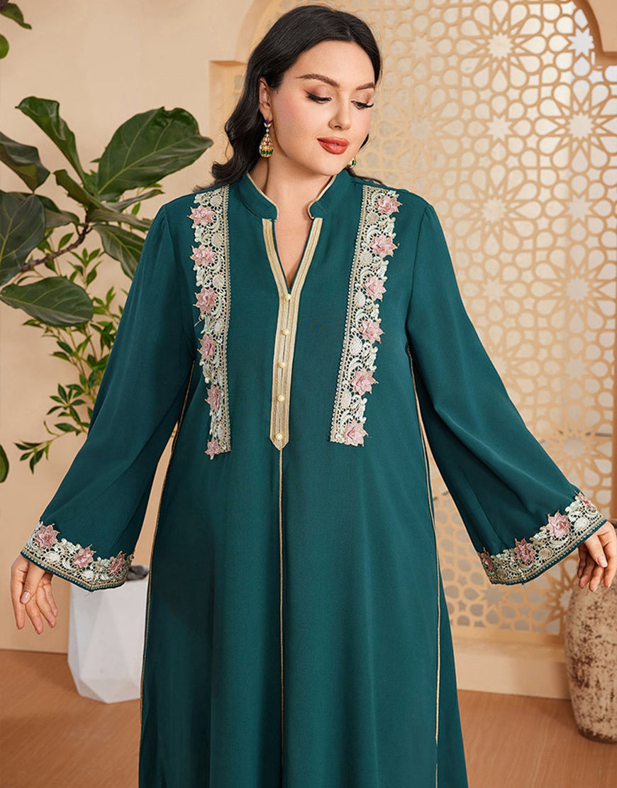Robe Longue Vintage Élégante à Manches Longues avec Appliqué et Col V