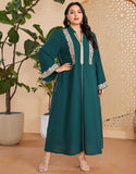 Robe Longue Vintage Élégante à Manches Longues avec Appliqué et Col V