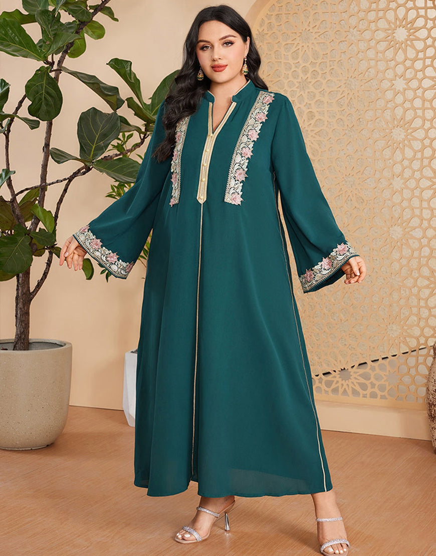 Robe Longue Vintage Élégante à Manches Longues avec Appliqué et Col V