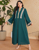 Robe Longue Vintage Élégante à Manches Longues avec Appliqué et Col V