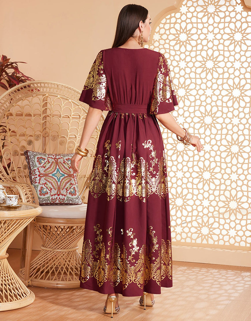 Robe caftan marocaine rouge foncé à manches chauve-souris
