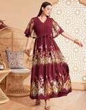 Robe caftan marocaine rouge foncé à manches chauve-souris