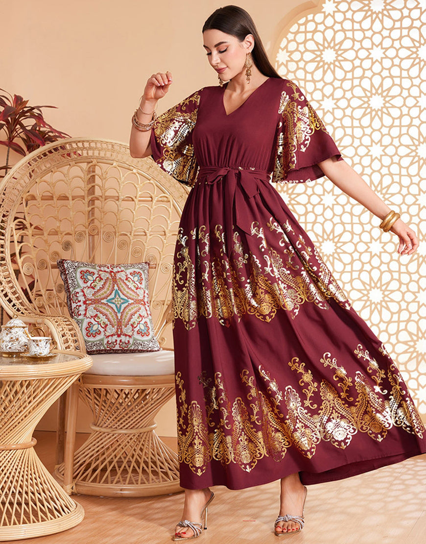Robe caftan marocaine rouge foncé à manches chauve-souris