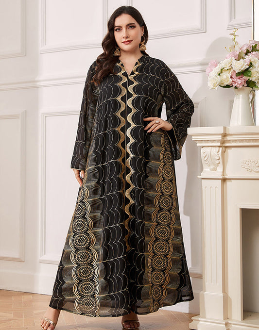 Robe Longue Classique en Chiffon avec Motif Abstrait et Broderies