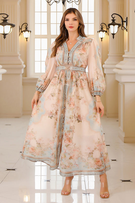 Robe Caftan Abricot Imprimé fleuri élégante