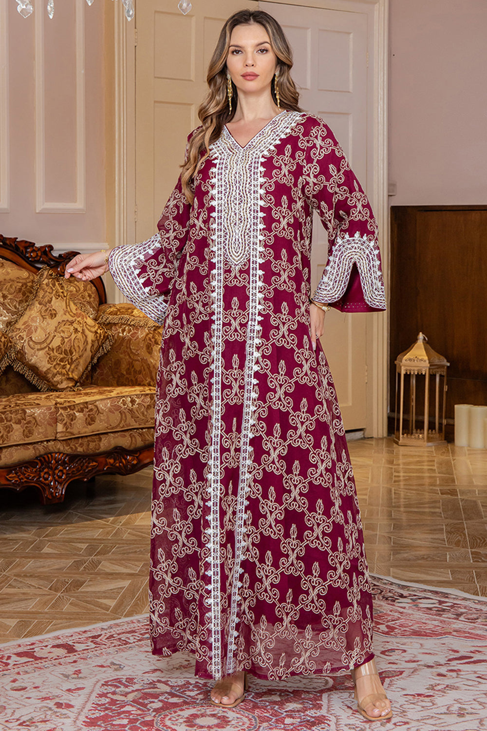 Bourgogne Col en V Broderie Robe Caftan