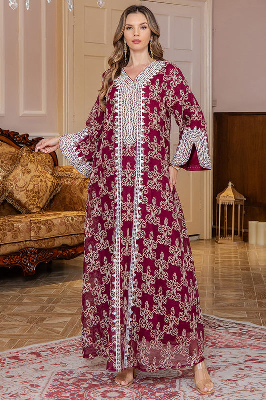 Bourgogne Col en V Broderie Robe Caftan