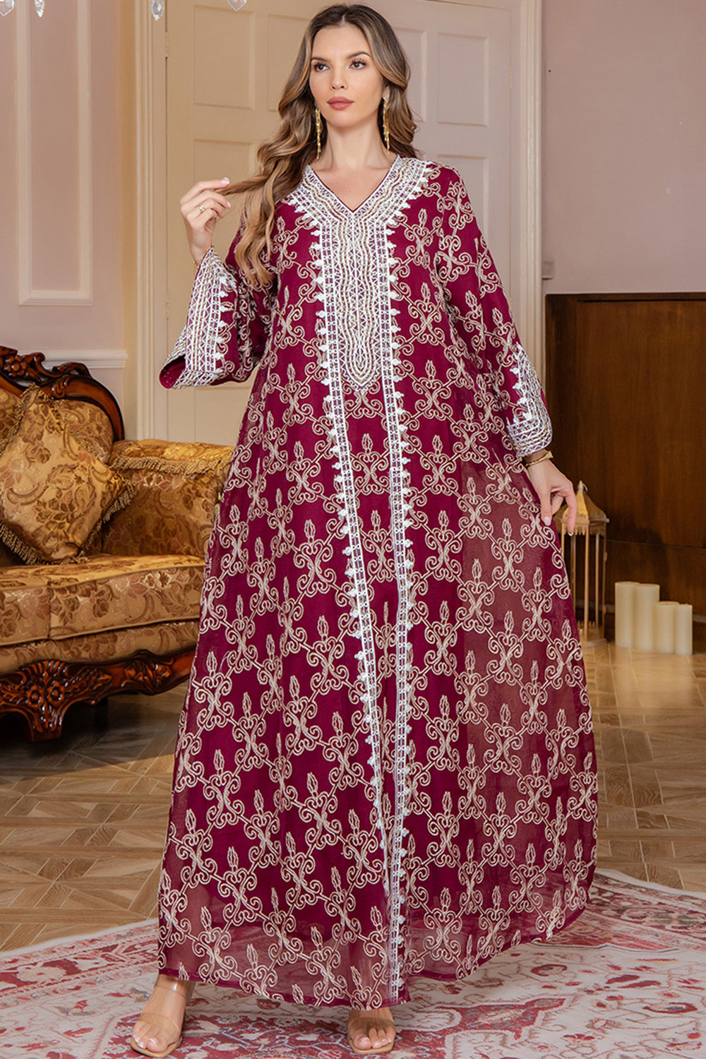 Bourgogne Col en V Broderie Robe Caftan