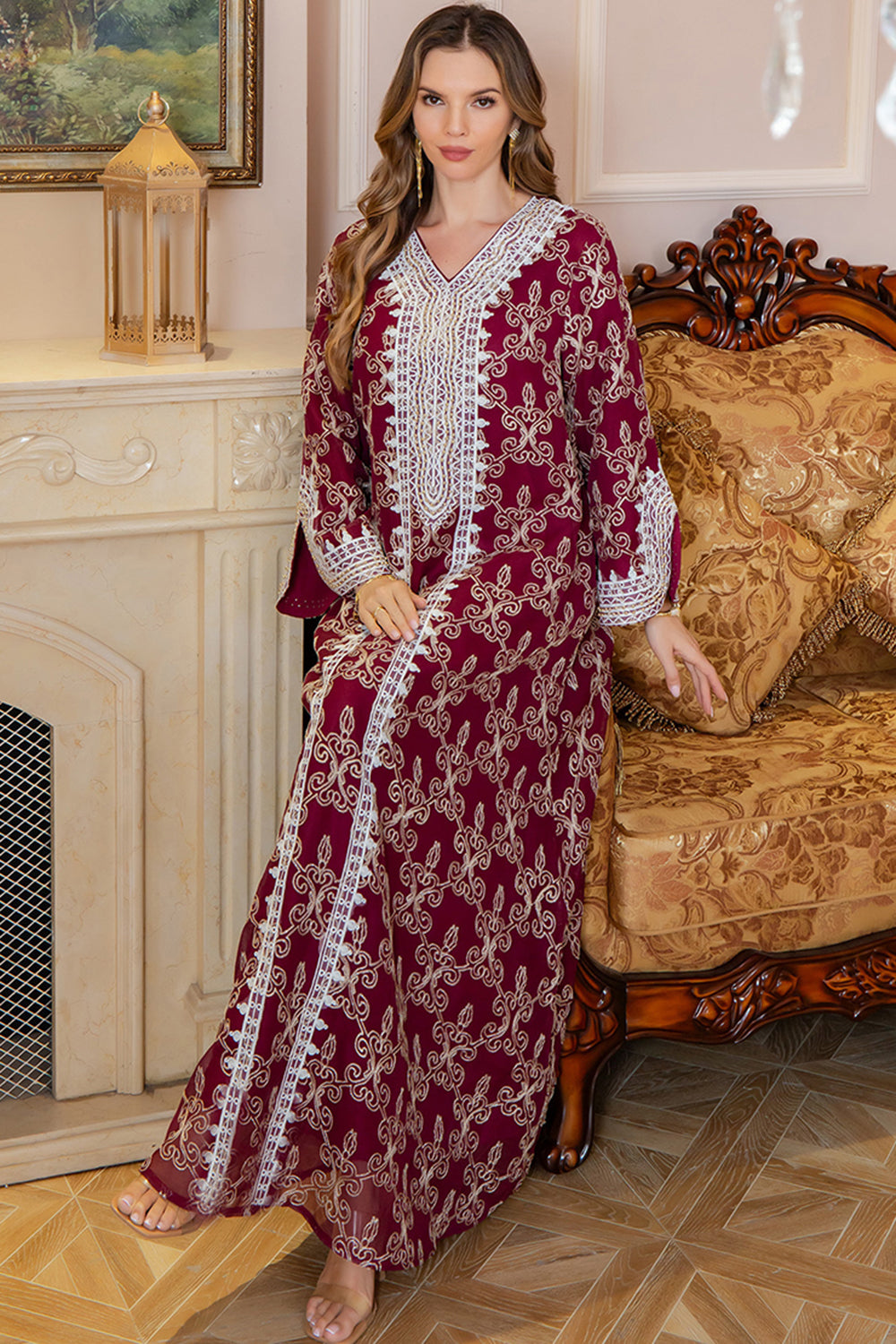 Bourgogne Col en V Broderie Robe Caftan