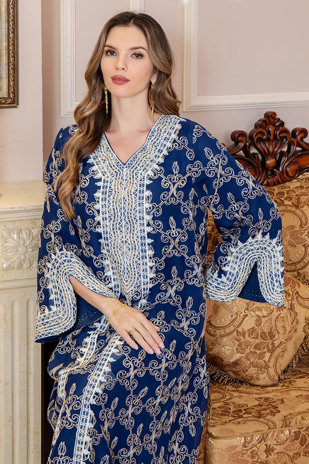 Bourgogne Col en V Broderie Robe Caftan
