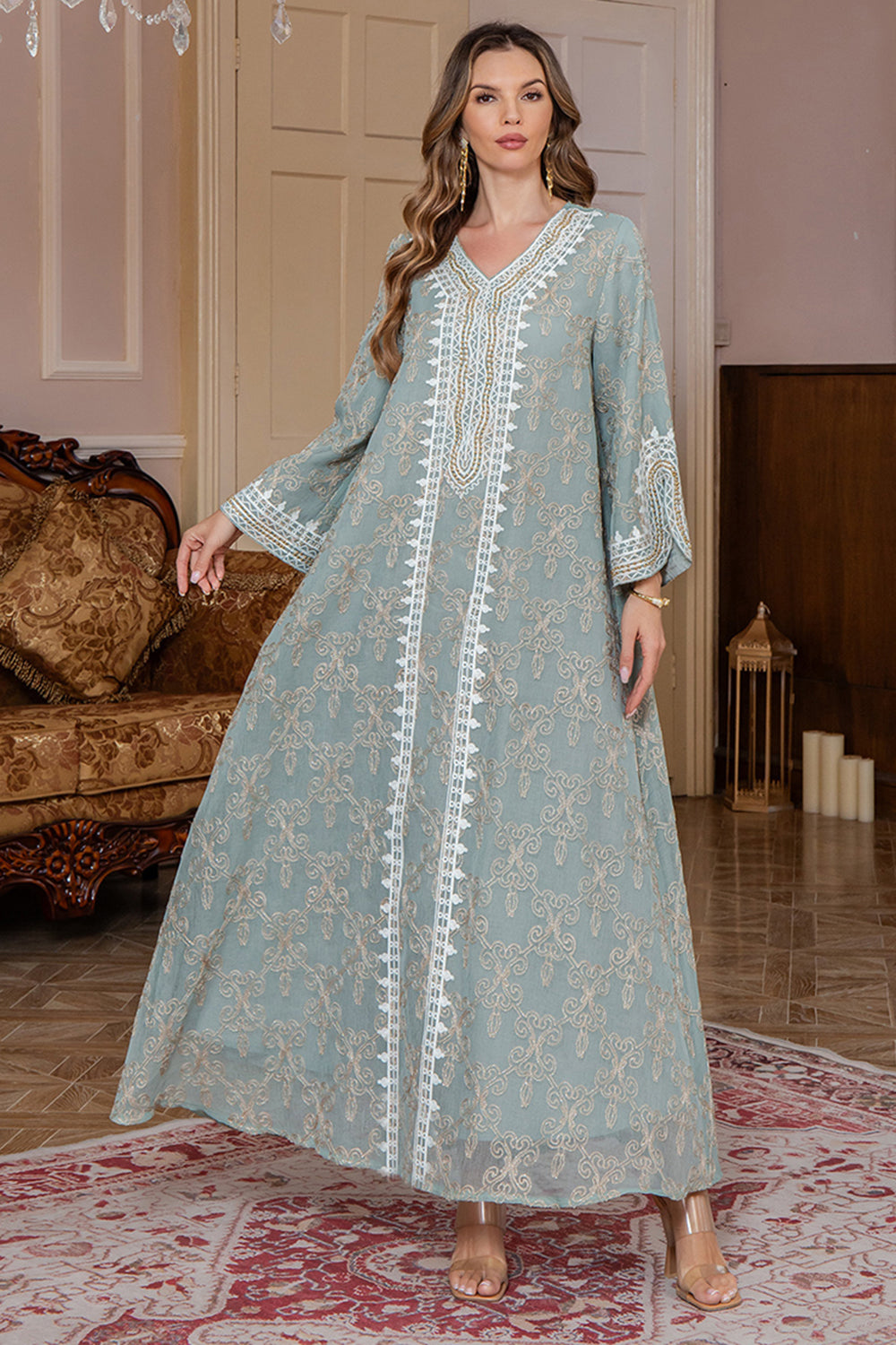Bourgogne Col en V Broderie Robe Caftan