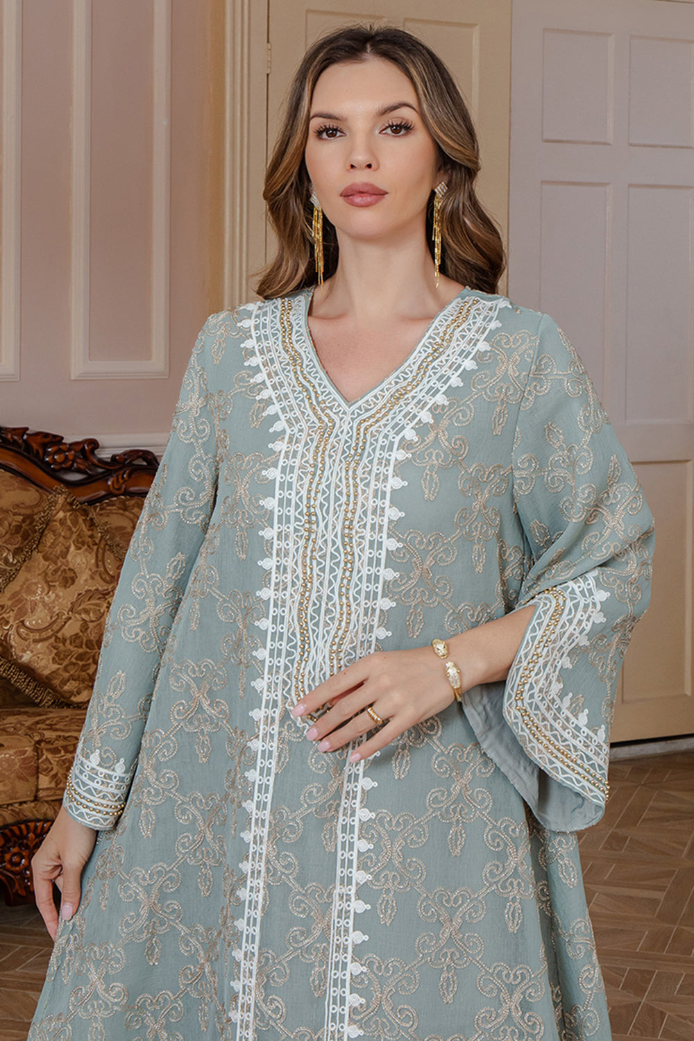 Bourgogne Col en V Broderie Robe Caftan
