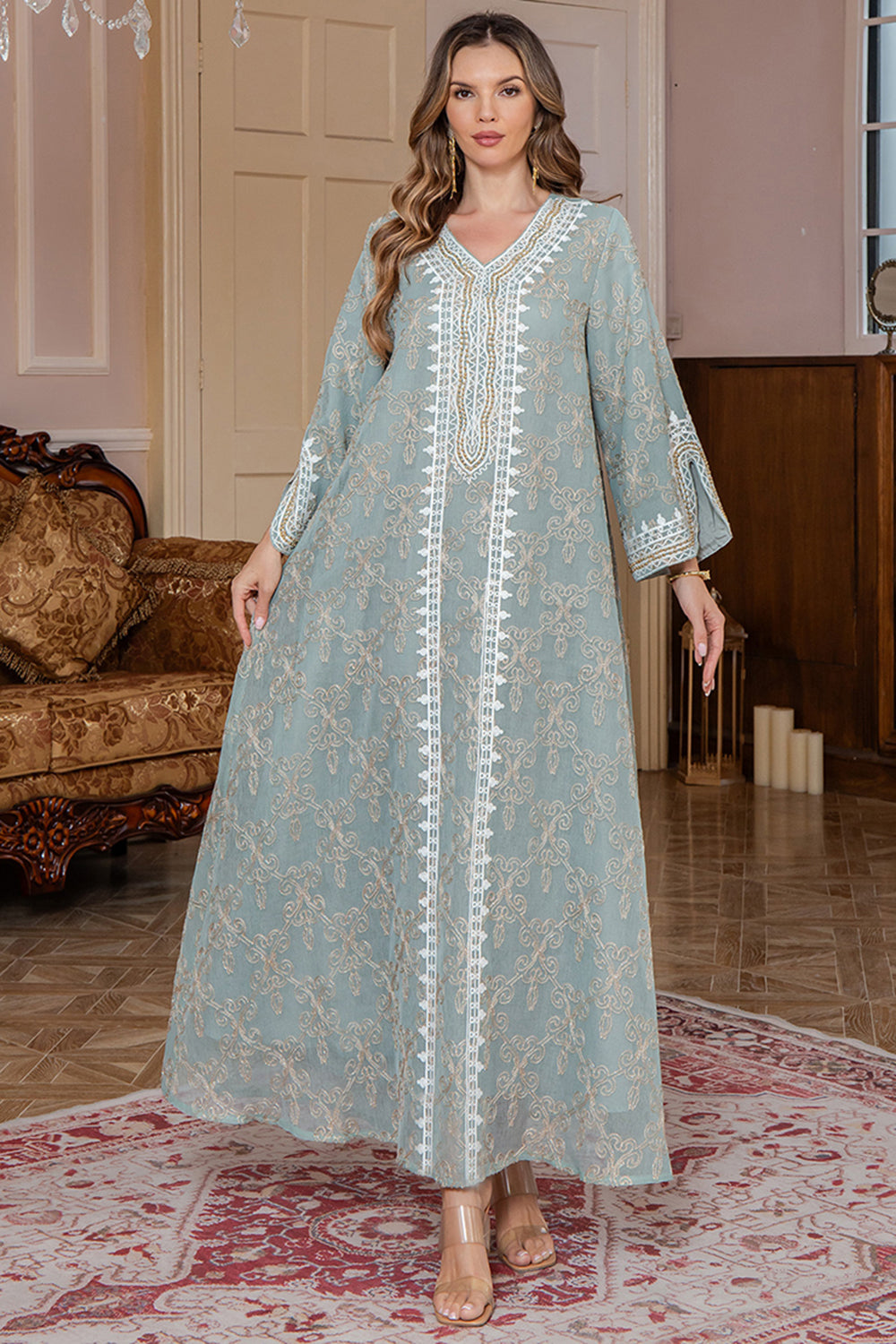 Bourgogne Col en V Broderie Robe Caftan