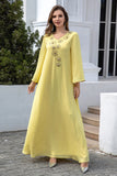 Jaune Col en V Broderie Mousseline de soie Robe Caftan