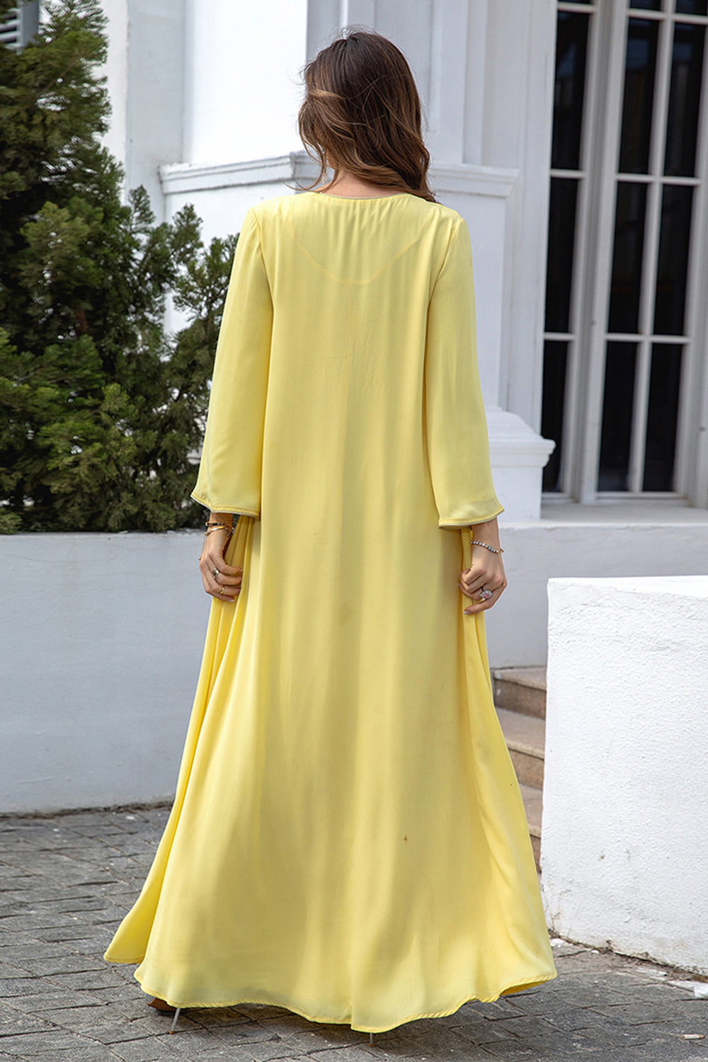 Jaune Col en V Broderie Mousseline de soie Robe Caftan