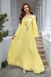Jaune Col en V Broderie Mousseline de soie Robe Caftan