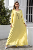 Jaune Col en V Broderie Mousseline de soie Robe Caftan