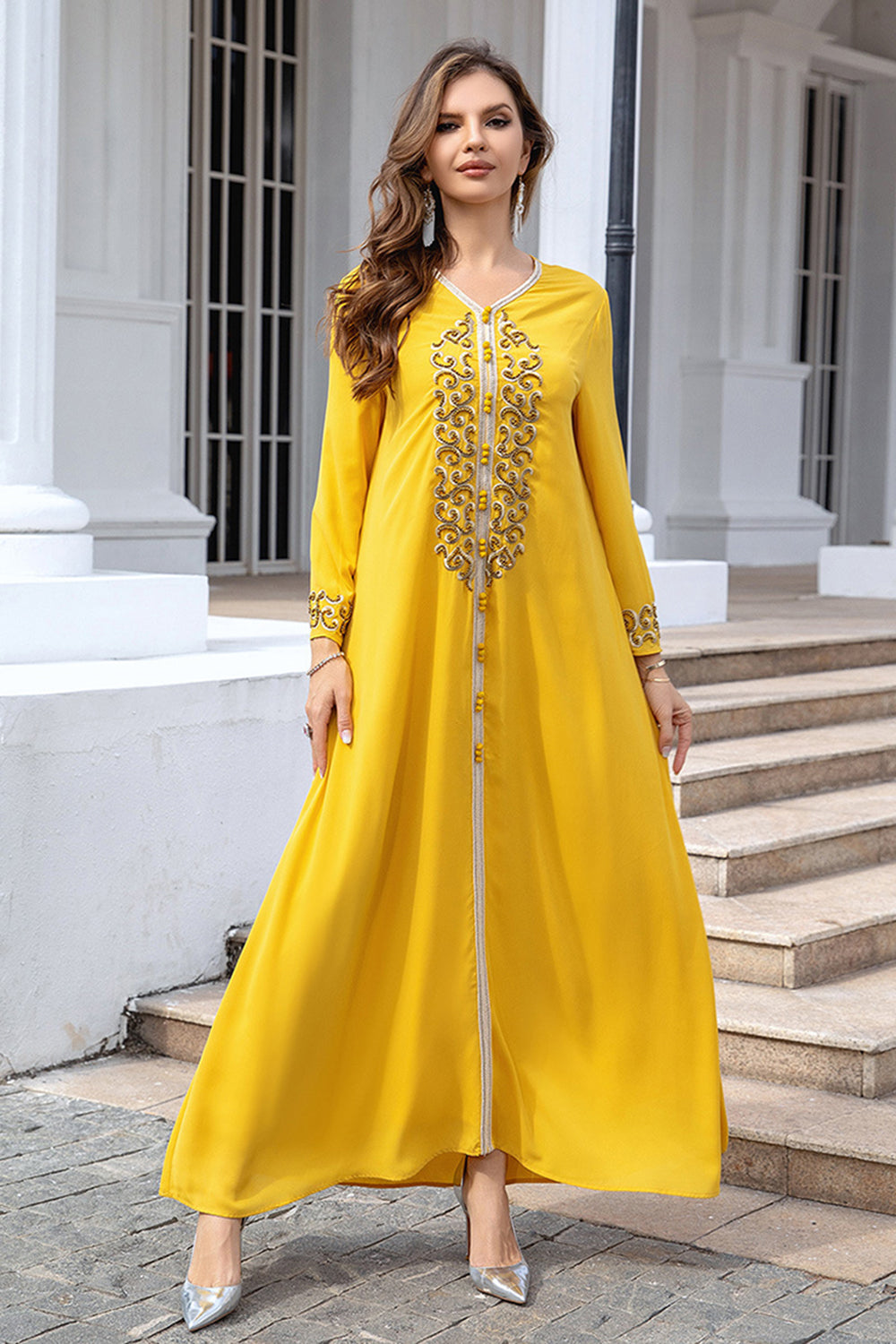 Élégant Jaune Broderie Ligne A Robe Caftan