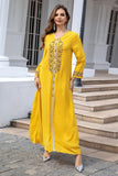 Élégant Jaune Broderie Ligne A Robe Caftan