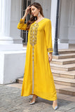 Élégant Jaune Broderie Ligne A Robe Caftan